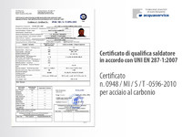 Certificato qualifica saldatore per acciao al carbonio